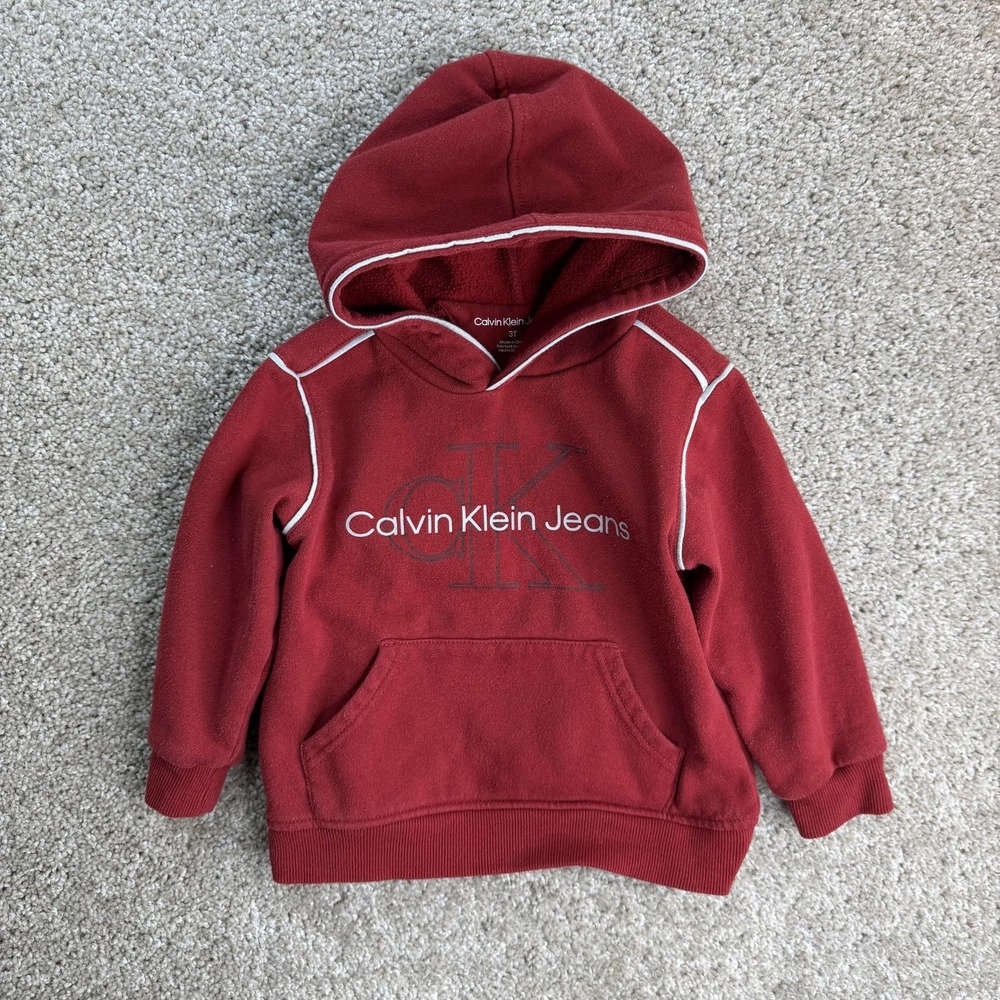 Calvin Klein Jeans Hoodie Toddler 3T Red Logo Fleece Pullover Sweatshirt